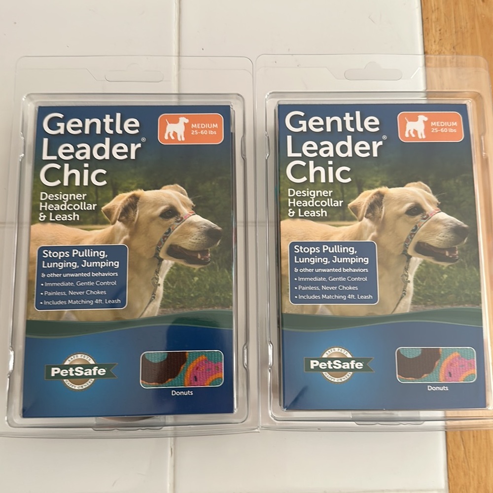 TWO matching Gentle leader chic, DONUTS head collar and leash, size Medium.